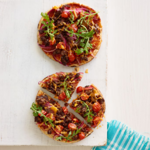 Summer Lunch - Cheeseburger Flatbread Pizza and Cucumber Salad