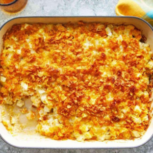 Summer Brunch - Crispy Hashbrown Casserole with Cheddar Cheese and Fruit Salad