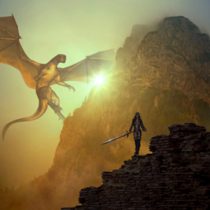 a golden coloured mountain with a dragon and a warrior