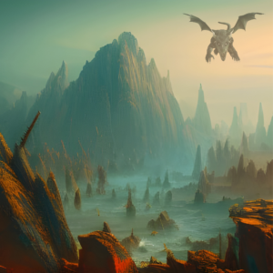 a foggy mountain scene with a dragon flying in the sky