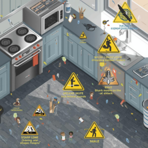 a picture of a kitchen with yellow hazard signs all around the kitchen