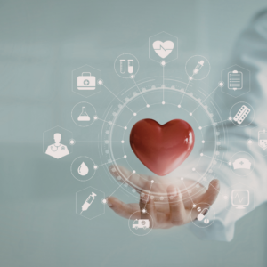 A hand holding a heat with a variety of diagrams around it to represent personal wellness