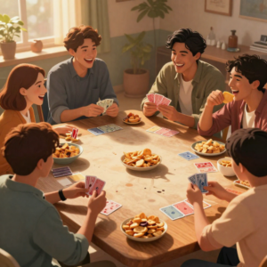 an ai generated image of a group of people playing cards around a table with a bunch of snacks
