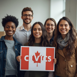 a diverse group of people holding a Canadian flag with civics across it