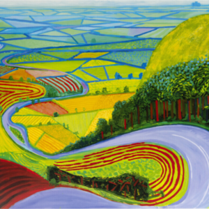 Painting by David Hockney - “Garrowby Hill” A winding road curves through bright, colourful hills that look like a patchwork quilt