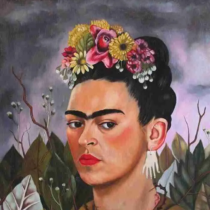 Frida Kahlo - “Self Portrait” - A woman with serious eyes looks straight ahead, surrounded by bright colours.