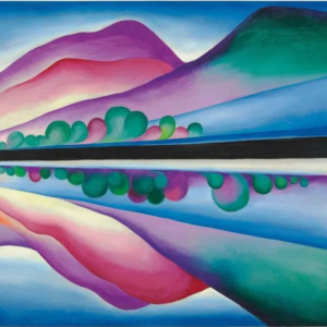 Soft hills and trees reflect gently on quiet blue lake- a Georgia O'Keefe painting