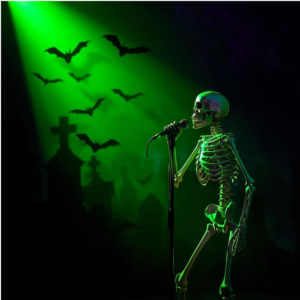 a skeleton with a microphone with bats and tomb stones on a black and green background