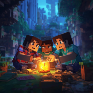 mine craft characters warming their hands around a cube fire
