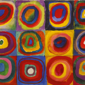 Wassily Kandinsky - “Squares with Concentric Circles” Bright, colourful circles sit inside squares, each one painted with a different bold colour.