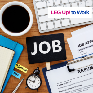 flat lay of a desk with a resume, job application, computer keyboard, cup of black coffee, alarm clock and other job things. The words LEG Up! to Work are included.