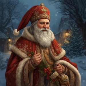 A bearded bishop in a red ceremonial robe with fur trim and a gold crown stands in a snowy night forest, holding a small staff and wearing a warm smile as lanterns glow behind.