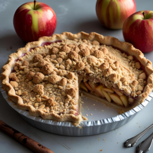 A slice of layered pie with a dark crumb topping and fruit filling, in a pie plate with scattered crumbs and whole apples around it.