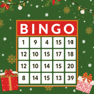 A festive green holiday Bingo board with a red “BINGO” header, a 5x5 grid of numbers, and scattered snowflakes, stars, and Christmas decorations with wrapped gift boxes at the corners.