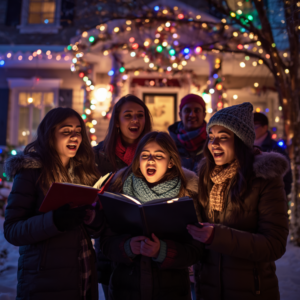 A group of people singing carols outdoors in winter at night, holding open books, with colorful holiday lights strung across nearby houses and trees in the background.