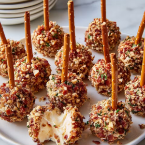A platter of bite-sized cheese balls coated in chopped nuts, each on a pretzel stick and topped with grated herbs, arranged on a white plate.