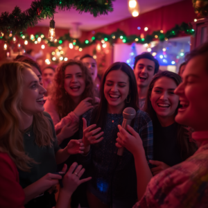 A group of friends smiling and laughing at a festive indoor party, with colorful string lights and garlands overhead; one person holds a microphone while others clap and gesture.