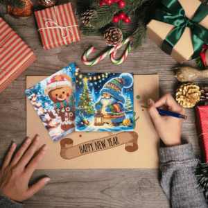 Hands creating a diamond art card on a table surrounded by pine boughs, candy canes, gifts and pine cones.