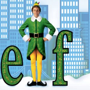A person in a green suit with a gold crown stands with hands on hips beside large decorative letters “e” and “F” in front of a blue city skyline backdrop.