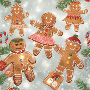 A festive arrangement of smiling gingerbread cookies in gingerbread-house style, with icing and colorful candy buttons, surrounded by holly branches, candy canes, and snowy sparkles.