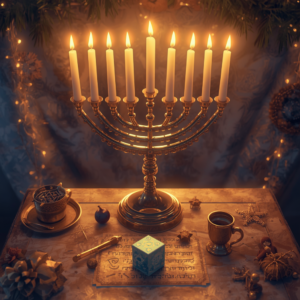 A golden menorah with nine lit candles stands on a table, surrounded by warm decorative lights and pinecones, with a small cup, a blue cube dice-like object, and a patterned cloth featuring Hebrew-style text.