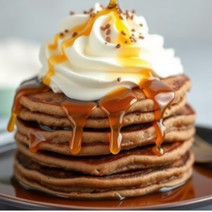 Stack of thin pancakes topped with a swirl of whipped cream, syrup and sprinkles, served on a plate with syrup pooling at the edges.