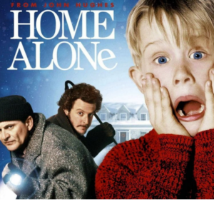 Movie poster for “Home Alone” by John Hughes, featuring three men in the left side and a wide-eyed child in a red sweater in the foreground, with suburban houses in the background.