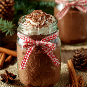 Two mason jars filled with hot chocolate, topped with whip cream and a dusting of chocolate and tied with twine, displayed on a rustic surface with scattered cinnamon sticks and a warm, festive glow.