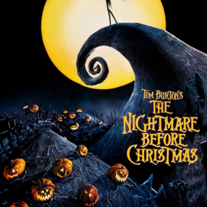A spooky Halloween scene with a large jack-o’-lantern moon, dark graveyard silhouettes, scattered pumpkin heads, and the title “The Nightmare Before Christmas” by Tim Burton.