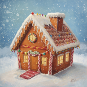 A snowy gingerbread house with a candy roof and windows, decorated with colorful icing, gumdrops, and sprinkles, set against a blue winter background with falling snow.