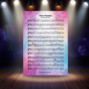 A purple, blue and pink sheet-music cover titled “Tims Paietes” with staff lines and notes on a stage-like background, illuminated by spotlights and a wooden floor.